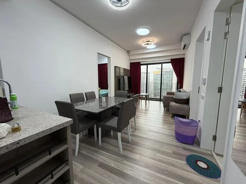 Living features: light wood laminate flooring, white painted walls, recessed downlights, large floor-to-ceiling windows, red curtains, sofa in grey fabric, coffee table, TV console, wall-mounted TV, dining table with 6 grey upholstered chairs, decorative rug, open layout to kitchen, air conditioning unit; style: modern; view: city. Kitchen features: granite countertop, stainless-steel sink, built-in cabinets, kitchen island, appliances visible; style: modern.