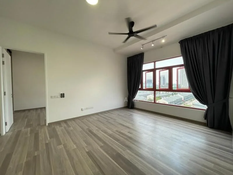 Living features: laminate flooring, white painted walls, 5-blade ceiling fan, floor-to-ceiling windows, blackout curtains, recessed downlights, city view, open layout; style: modern; view: city. Room features: white painted walls, laminate flooring, doorway leading to another room.
