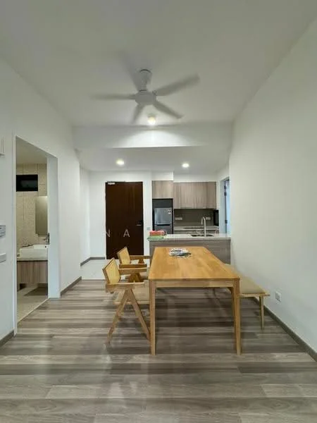 Dining features: wood dining table, wooden bench seating, 4 wooden chairs, 5-blade ceiling fan with light, recessed downlights, laminate flooring, white painted walls, open layout to kitchen, large window with natural light; style: modern. Kitchen features: stainless-steel fridge, built-in oven, freestanding range oven, kitchen cabinetry, countertop, sink, tile backsplash; style: modern. Room features: doorway to bathroom, neutral color scheme.