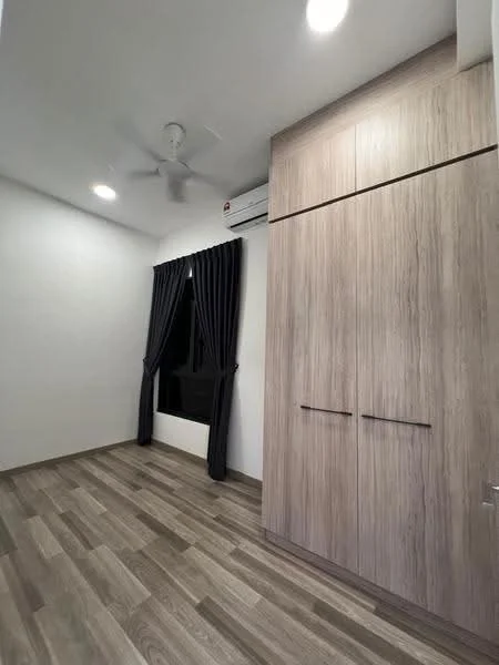 Bedroom features: wooden flooring, light grey painted walls, built-in wardrobe with wood finish, ceiling fan, 2 recessed downlights, blackout curtains, window with city view; style: modern; view: city.
