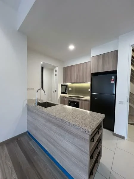 Kitchen features: granite countertop, stainless-steel sink, chrome pull-down faucet, built-in oven, microwave, black refrigerator, wood cabinetry, tile flooring, recessed downlights, open shelving, kitchen island with storage; style: modern.