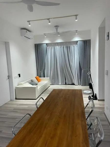 Dining features: wood dining table, transparent acrylic chairs, white fabric sofa, orange accent pillow, floor-to-ceiling windows, sheer curtains, recessed LED downlights, 1 wall-mounted split AC, light wood flooring, ceiling fan with light; style: modern.