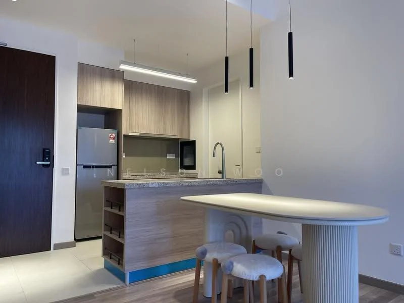 Kitchen features: single-bowl stainless-steel sink, chrome pull-down faucet, granite countertop, wood cabinetry, built-in refrigerator, built-in microwave, pendant lighting, bar seating with stools, ceramic tile flooring, white walls, recessed downlights; style: modern.