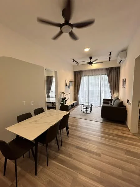 Living features: 5-blade ceiling fan with light, sofa in grey fabric, coffee table, TV console, wall-mounted TV, area rug, floor-to-ceiling windows, curtains in grey, wooden flooring, recessed downlights; style: modern; view: city. Dining features: 6-seater dining table with marble top, upholstered dining chairs in black, decorative mirror, plant in ceramic pot; style: modern.
