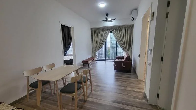 Living features: laminate flooring, white painted walls, 5-blade ceiling fan with light, floor-to-ceiling windows, curtains, sofa in brown, coffee table, dining table with 4 chairs; style: modern; view: city. Room features: white painted walls, laminate flooring, doorway leading to another room.