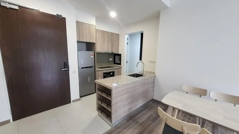 Kitchen features: granite countertop, stainless-steel sink, chrome pull-down faucet, built-in microwave, stainless-steel fridge, wood cabinetry, kitchen island with storage, recessed downlights, tile flooring, open layout, dining table with wooden chairs; style: modern.