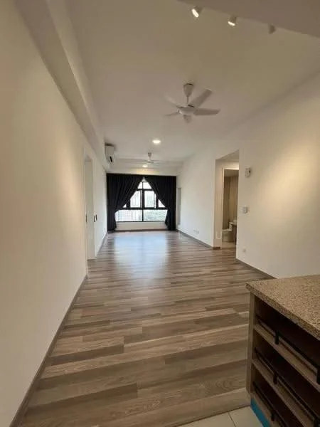 Living features: wooden flooring, 5-blade ceiling fan with light, floor-to-ceiling windows, blackout curtains, recessed downlights, neutral painted walls, open layout, balcony access; style: modern; view: garden. Room features: neutral painted walls, wooden flooring.