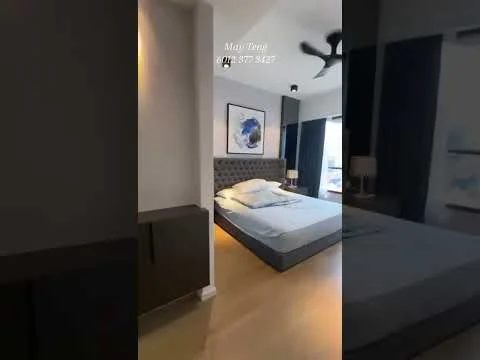 Bedroom features: king-size bed, upholstered headboard, bedside lamps, built-in wardrobe, wooden flooring, ceiling fan, framed artwork, large window with city view, neutral wall color, decorative throw pillows; style: modern; view: city.