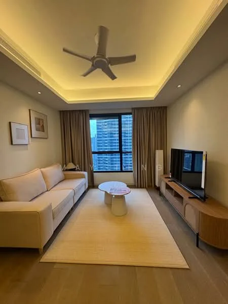 Living features: 3-seater fabric sofa in beige, coffee table, TV console, wall-mounted TV, area rug in light color, 5-blade ceiling fan with integrated LED light, floor-to-ceiling windows, curtains, wooden flooring, recessed lighting, decorative artwork on walls; style: modern; view: city.