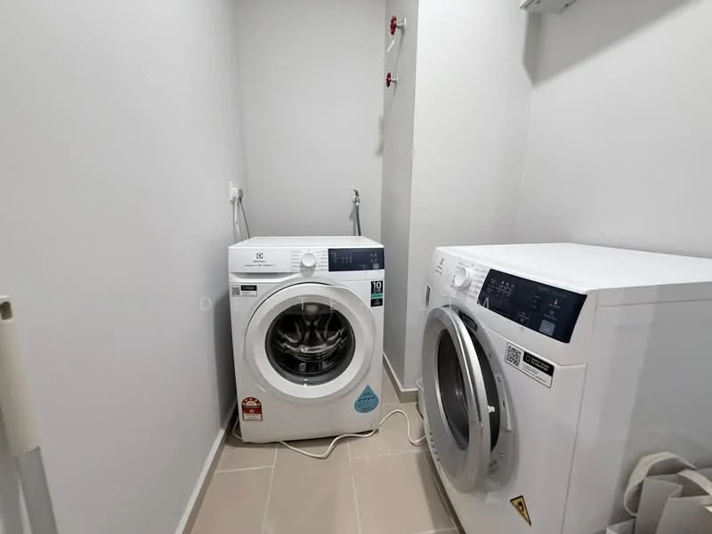 Laundry features: front-load washing machine, tumble dryer, white cabinetry, grey tiled flooring, white painted walls, plumbing connections visible, power outlet, ventilation duct; style: modern.