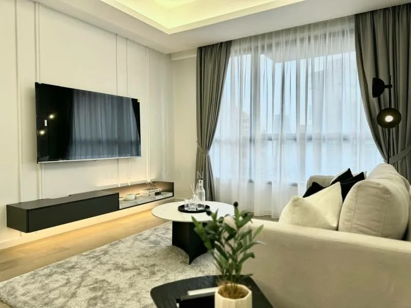 Living features: light grey fabric sofa, black coffee table, white area rug, wall-mounted flat-screen TV, black TV console, floor-to-ceiling windows, sheer curtains, recessed ceiling lights, decorative wall sconce, potted plant on coffee table, grey curtains, wooden flooring; style: modern.