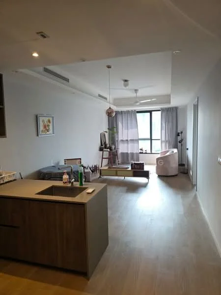 Kitchen features: kitchen island with sink, wood cabinetry, grey countertop; style: modern. Living features: large window with sheer curtains, 3-blade ceiling fan, light wood flooring, sofa, coffee table, wall-mounted TV, decorative artwork, floor lamp; style: modern.