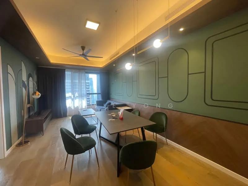 Dining features: wooden flooring, green accent wall with geometric design, dark wood feature wall, recessed ceiling with warm lighting, 5-blade ceiling fan, round dining table, 4 upholstered dining chairs in green, floor-to-ceiling windows with sheer curtains, decorative wall art, sideboard or console table; style: modern; view: city.