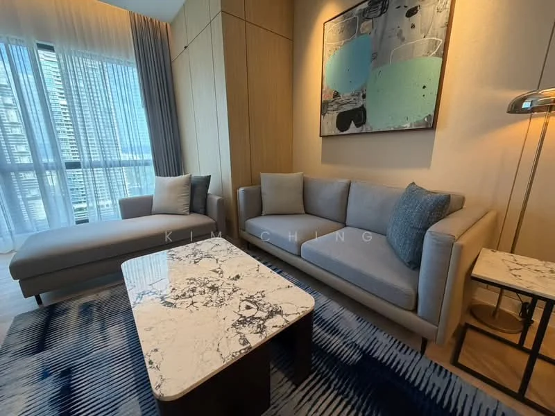 Living features: 3-seater fabric sofa in light grey, 2 accent cushions in blue, marble coffee table with white and grey veining, side table with marble top, area rug with geometric pattern in blue, floor-to-ceiling windows with sheer curtains, wooden paneling on walls, decorative artwork with abstract design, modern floor lamp; style: contemporary; view: city.