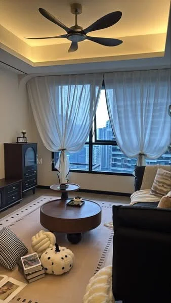 Living features: 5-blade ceiling fan with integrated LED light, floor-to-ceiling windows, sheer curtains, black leather sofa, round wooden coffee table, area rug with geometric pattern, decorative cushions, TV console, framed artwork, city skyline view; style: modern; view: city.