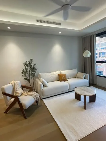 Living features: 3-seater fabric sofa in white, accent chair with wooden frame, round coffee table with marble top, area rug in cream, floor-to-ceiling window, sheer curtains, recessed downlights, ceiling fan, decorative plant in pot, neutral painted walls, light wood flooring; style: modern; view: city.