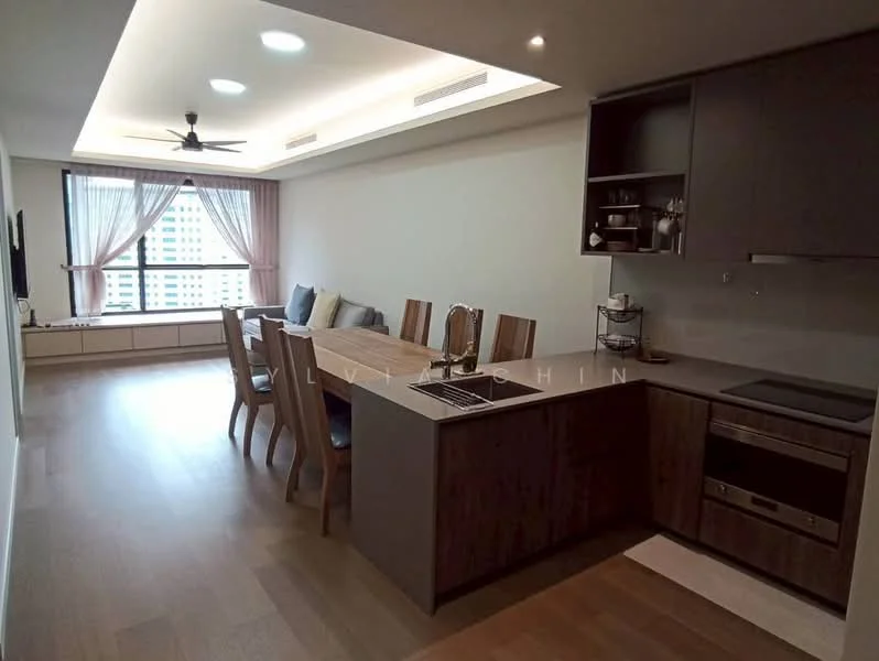 Living features: open-plan layout, wooden flooring, ceiling fan, floor-to-ceiling windows, sheer curtains, dining table with 6 chairs, kitchen island with seating, built-in cabinetry, recessed downlights, stainless-steel oven, stainless-steel cooktop, kitchen sink, modern cabinetry, decorative wall paneling; style: modern; view: city.