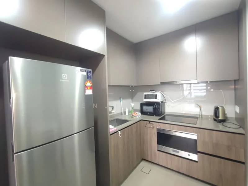 Kitchen features: stainless-steel fridge, built-in oven, freestanding microwave, ceramic cooktop, grey cabinetry, laminate countertop, single-bowl stainless-steel sink, chrome pull-down faucet, tile backsplash, under-cabinet lighting; style: modern.
