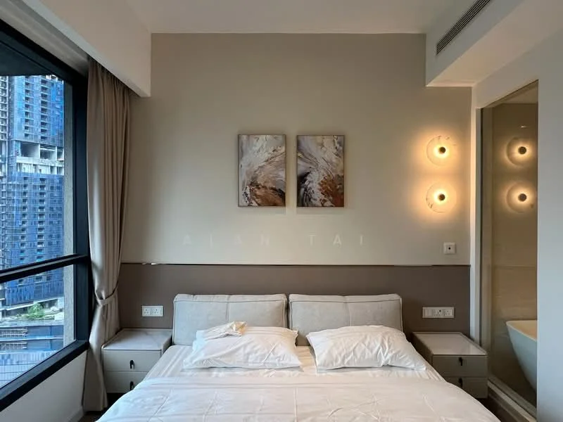 Bedroom features: king-size bed, upholstered headboard, white bedding, two bedside tables, wall-mounted lamps, large window with city view, curtains, painted walls in neutral tones, decorative artwork on walls; style: modern; view: city.