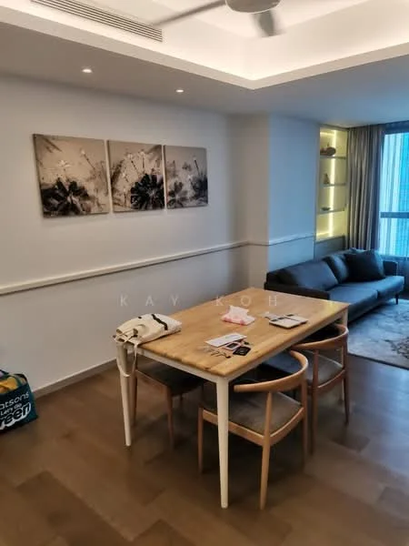 Dining features: wood dining table, 3 wooden dining chairs, framed artwork on wall, recessed downlights, grey fabric sofa, area rug, floor-to-ceiling windows, light wood flooring; style: modern; view: city.