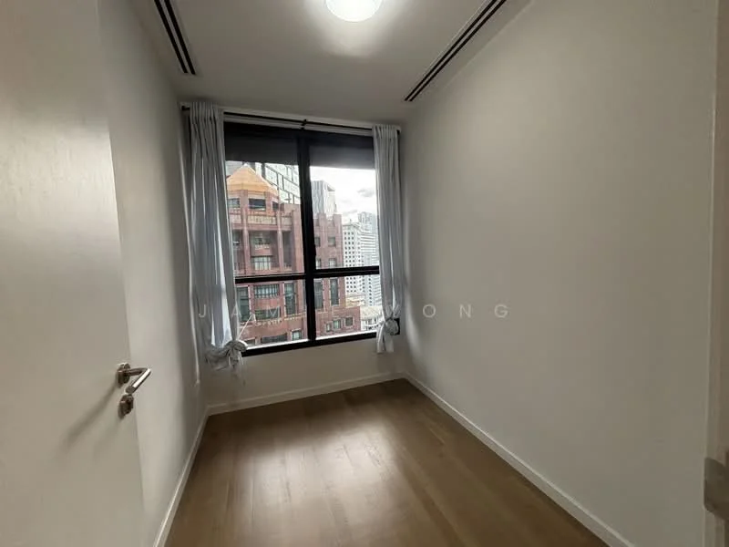 Room features: white painted walls, wooden flooring, floor-to-ceiling windows, sheer curtains, city view, recessed ceiling lights; style: modern; view: city.