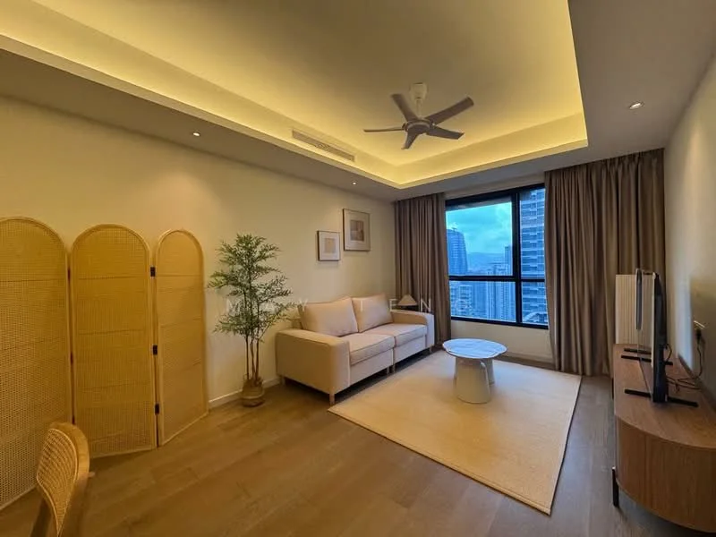 Living features: sofa in light beige, coffee table in white, area rug in neutral color, 5-blade ceiling fan with light, floor-to-ceiling windows, curtains in light fabric, decorative plant in ceramic pot, wall-mounted TV, wooden flooring, recessed ceiling lights; style: modern; view: city.