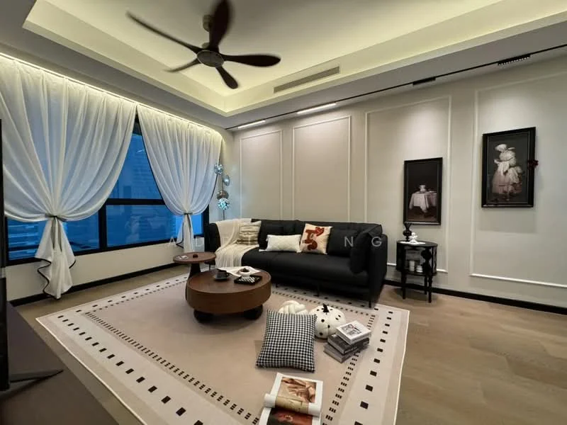 Living features: 3-seater fabric sofa in black, round wooden coffee table, area rug with geometric pattern, floor-to-ceiling windows, sheer curtains, recessed downlights, ceiling fan, decorative wall art, decorative throw pillows, wooden side table, magazines on the floor; style: modern; view: city.