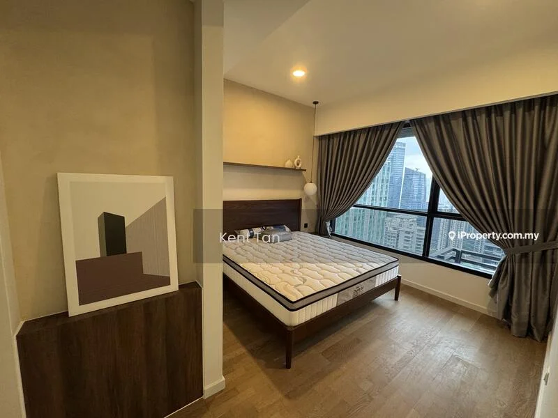 Bedroom features: queen-size bed, upholstered headboard, floor-to-ceiling windows, city view, wooden flooring, decorative wall art, curtains, nightstand, light fixture; style: modern; view: city.