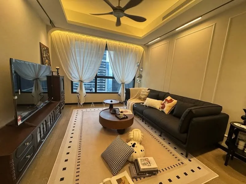 Living features: 5-blade ceiling fan with light, sofa in dark grey fabric, round coffee table, TV console with storage, wall-mounted TV, area rug with geometric pattern, floor-to-ceiling windows, sheer curtains, decorative throw pillows, decorative items on coffee table, wooden flooring, recessed ceiling lights; style: modern; view: city.
