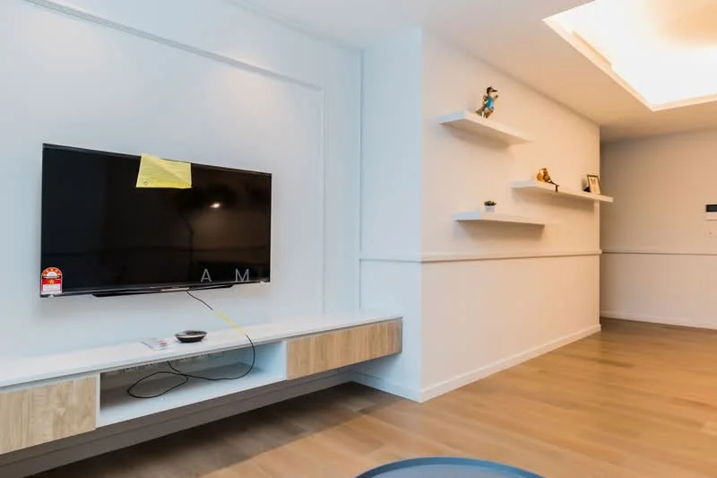 Living features: light wood flooring, white painted walls, recessed ceiling lights, wall-mounted TV, floating shelves, TV console with wood cabinetry, decorative items on shelves, cable management system, skylight, minimalist decor; style: modern.
