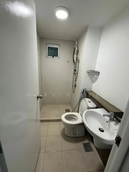 Bathroom features: white tiled walls, light grey tiled flooring, walk-in shower with glass partition, chrome shower head, toilet, white sink with chrome faucet, mirror above sink, small window, wall-mounted shelf; style: modern.
