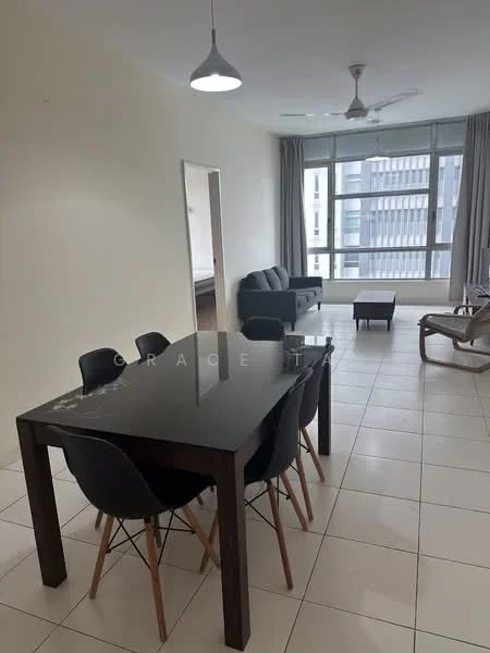 Living features: grey fabric sofa, wood coffee table, 6-seater dining table with black tabletop, black dining chairs with wooden legs, white tiled flooring, ceiling fan, recessed downlights, floor-to-ceiling windows with city view, curtains, light grey wall, mirror on wall; style: modern; view: city.