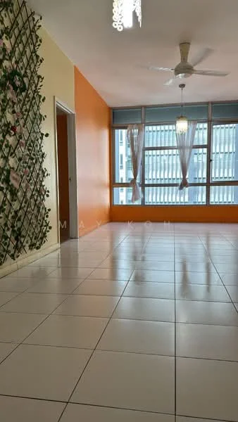 Living features: white tiled flooring, orange accent wall, light green feature wall with floral decoration, floor-to-ceiling windows, sheer curtains, ceiling fan, recessed downlights, hanging light fixture; style: modern; view: city.