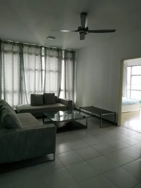 Living features: 3-seater fabric sofa in grey, 2-seater fabric sofa in light grey, glass coffee table, metal frame side table, 5-blade ceiling fan, floor-to-ceiling windows, sheer curtains, white painted walls, tile flooring; style: modern.