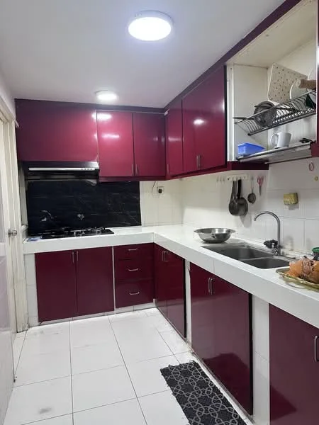 Kitchen features: red high-gloss cabinetry, white countertop, stainless-steel sink, chrome pull-down faucet, built-in gas stove, black tile backsplash, wall-mounted range hood, white tiled flooring, recessed ceiling lights, open shelving, kitchen utensils hanging, dish rack; style: modern.
