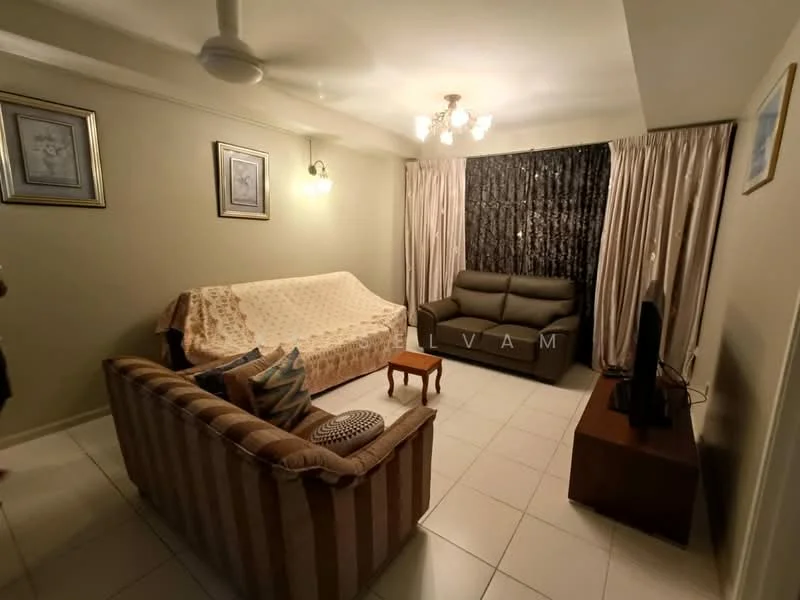 Living features: sofa in dark grey, 3-seater fabric sofa with striped pattern, wooden coffee table, TV console, wall-mounted TV, chandelier with multiple bulbs, ceiling fan, cream curtains, white painted walls, tile flooring, framed artwork on walls; style: contemporary.