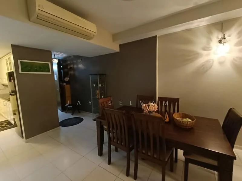 Dining features: dining table with 6 wooden chairs, white tiled flooring, grey accent wall, recessed downlights, wall sconce lighting, decorative wall art, air conditioning unit, open layout to kitchen; style: modern. Kitchen features: white cabinetry, countertop, open layout to dining area; style: modern.