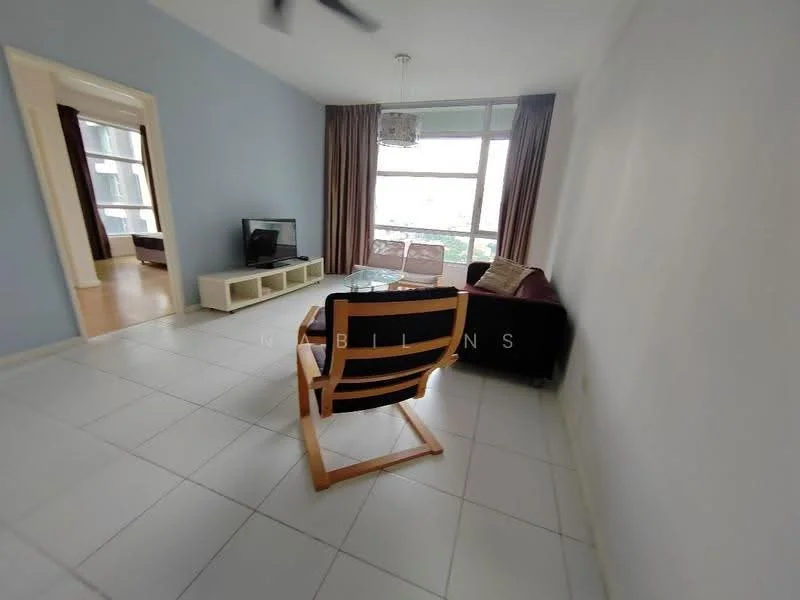 Living features: white painted walls, light-colored tiled flooring, floor-to-ceiling windows, curtains in brown, sofa in dark color, wooden armchair, glass coffee table, TV console, wall-mounted TV, ceiling fan; style: modern; view: city.