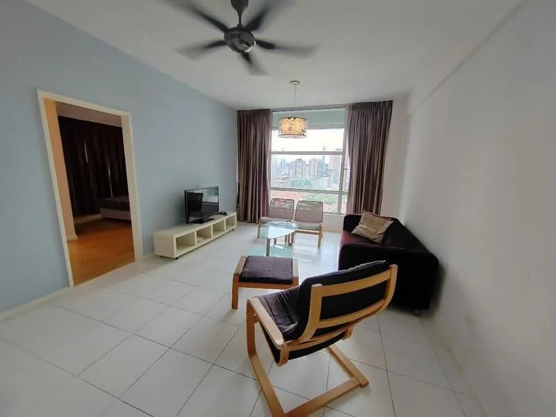 Living features: white painted walls, tile flooring, 5-blade ceiling fan with light, floor-to-ceiling windows, curtains, black sofa, glass coffee table, TV console, wall-mounted TV, armchair with wooden frame, decorative lamp; style: modern; view: city. Room features: doorway leading to another room.