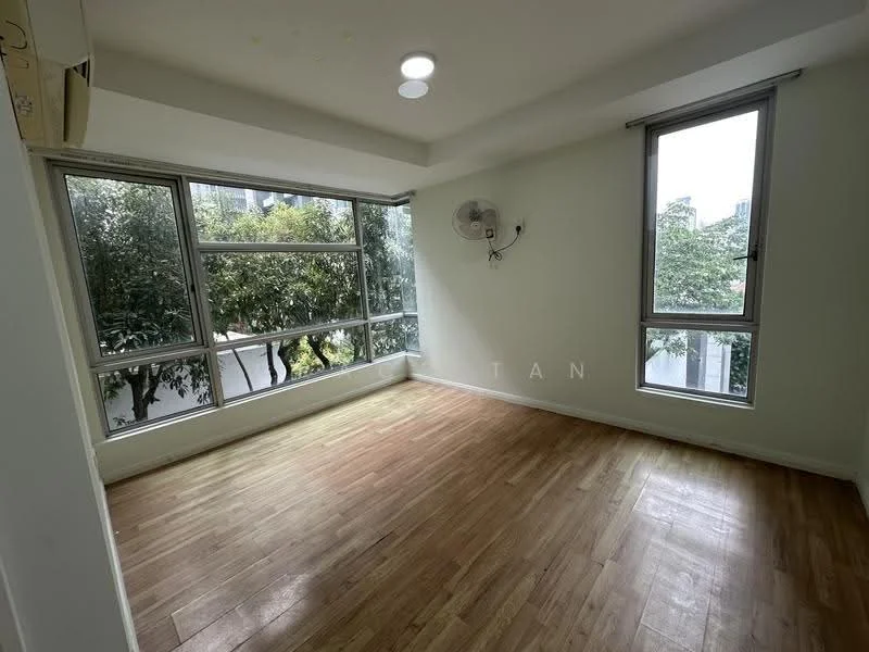 Room features: laminate flooring, white painted walls, floor-to-ceiling windows, window with view of greenery, wall-mounted air conditioning unit, recessed ceiling light; style: modern; view: garden.