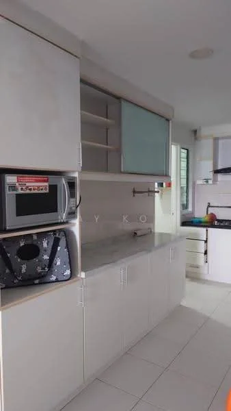 Kitchen features: white cabinetry, grey marble countertop, built-in microwave, stainless-steel sink, chrome faucet, open shelving, tile flooring, window for natural light; style: modern.