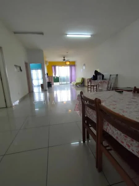 Living features: white painted walls, glossy tile flooring, ceiling fan with light, large windows with sheer curtains, dining table with floral tablecloth, green accent wall, purple curtains, open layout, natural light, seating area with bean bags; style: modern.