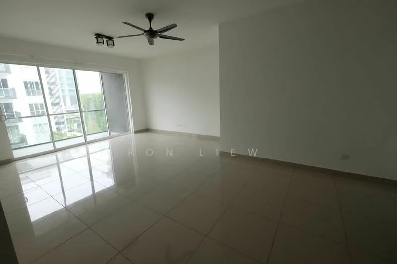 Living features: large floor-to-ceiling windows, sliding glass door, 5-blade ceiling fan with light, white painted walls, glossy ceramic tile flooring, recessed ceiling lights, open layout, natural light; style: modern; view: garden.