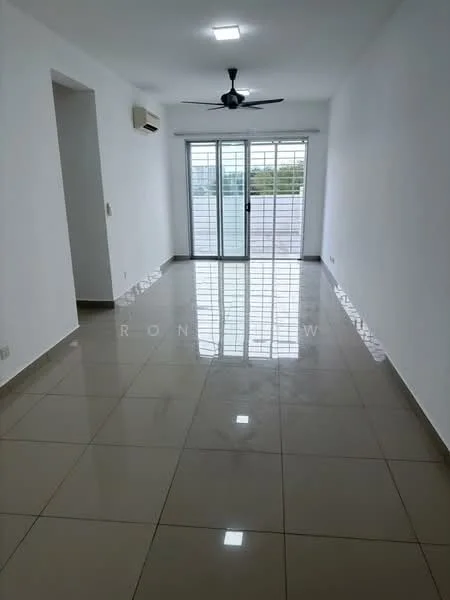 Living features: white painted walls, glossy ceramic tile flooring, 5-blade ceiling fan with light, floor-to-ceiling sliding glass door, natural light from sliding door, air conditioning unit on wall, neutral color scheme, open layout; style: modern; view: city.