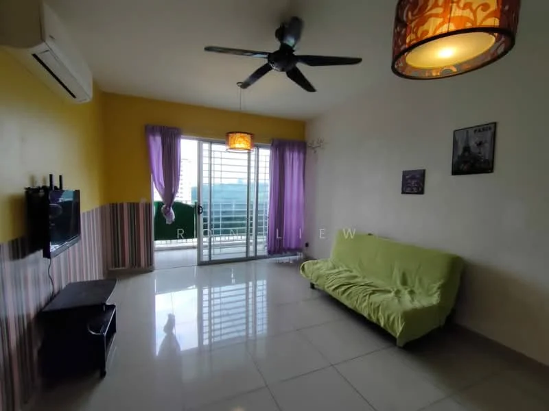 Living features: cream painted walls, yellow accent wall, striped wallpaper, glossy tile flooring, 5-blade ceiling fan with light, hanging pendant light, sofa bed in green fabric, wall-mounted TV, floor-to-ceiling sliding glass door, sheer purple curtains, view of the city; style: modern; view: city.