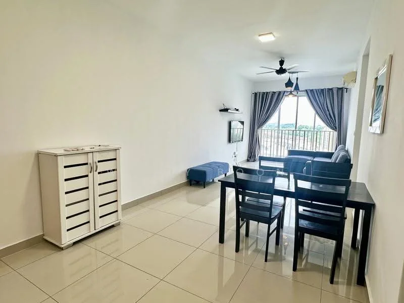 Living features: white painted walls, glossy ceramic tile flooring, 5-blade ceiling fan with light, sofa in grey fabric, coffee table, wall-mounted TV, dining table with 4 black chairs, curtains in grey, large window with view, decorative wall art; style: modern; view: city.