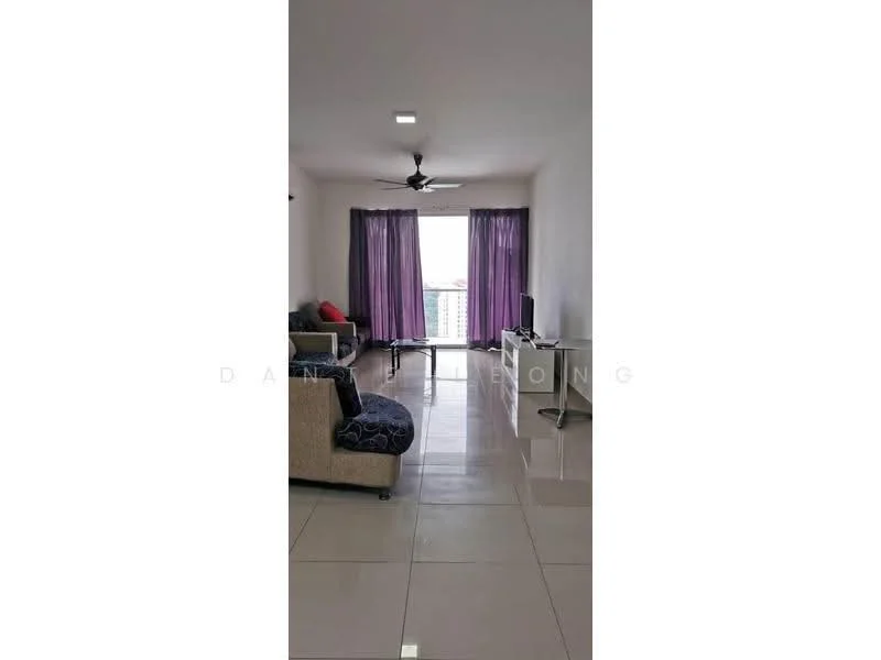 Living features: floor-to-ceiling windows, purple sheer curtains, 3-seater fabric sofa in grey, armchair with patterned upholstery, coffee table, TV console, wall-mounted TV, ceiling fan with light, polished tile flooring, neutral painted walls, decorative wall art; style: modern; view: city.