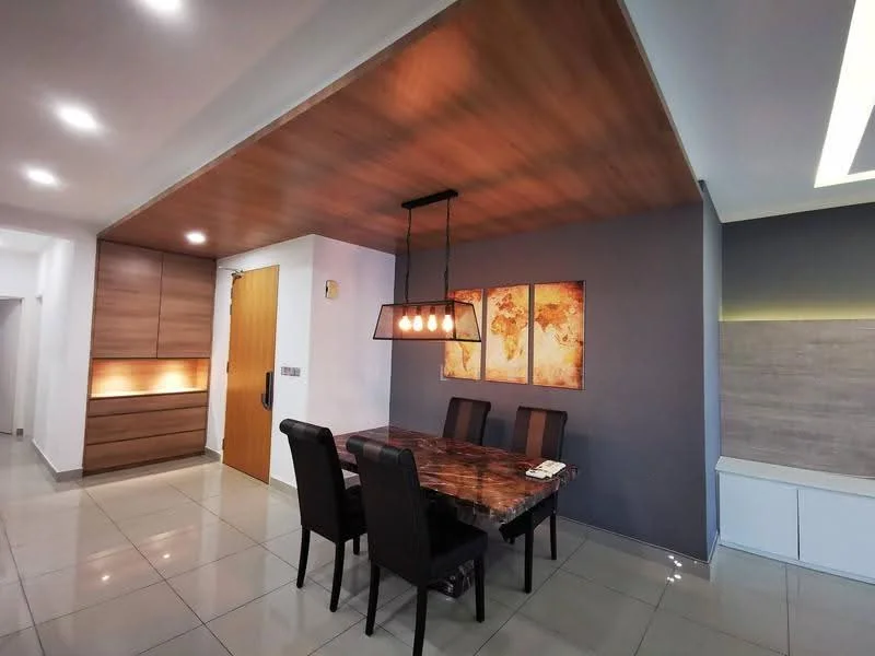 Dining features: wooden dining table, black upholstered dining chairs, pendant light fixture with multiple bulbs, grey accent wall, wood panel ceiling, glossy tile flooring, framed artwork on wall, built-in cabinetry with warm lighting; style: modern. Room features: wooden door, built-in storage cabinets.