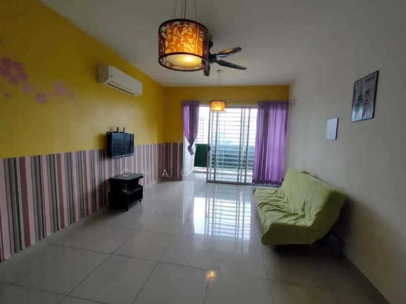 Living features: yellow painted walls, striped wallpaper, white ceiling, 5-blade ceiling fan with light, wall-mounted TV, black TV console, green sofa bed, floor-to-ceiling windows, purple sheer curtains, polished tile flooring; style: modern; view: city.