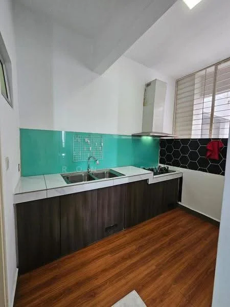 Kitchen features: double-bowl stainless-steel sink, chrome pull-down faucet, black hexagonal tile backsplash, light wood cabinetry, white countertop, built-in gas hob, stainless-steel range hood, wood laminate flooring, large window for natural light, red kitchen towel, green glass splashback; style: modern.